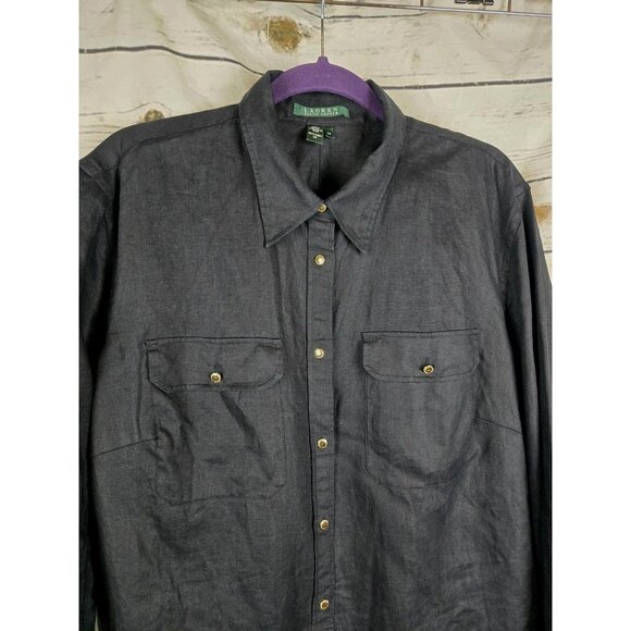 Ralph Lauren Black 100%  Linen Top 1X Gold Buttons Coastal Grandma Womens Beachy - Picture 2 of 5